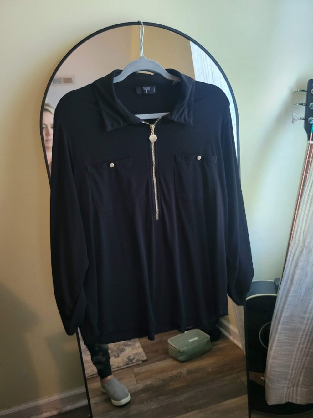 Tahari Black Gold-Tone Zipper & Button Collared Blouse